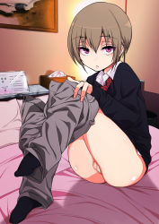 Rule 34 | 1boy, brown hair, cardigan, censored, clothes pull, gujira, highres, looking at viewer, male focus, mosaic censoring, necktie, on bed, original, pants, pants pull, parted lips, purple eyes, sitting, solo, testicles, tissue box, trap, undressing, yonokawa shena