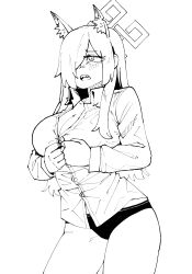 Rule 34 | 1girl, alternate costume, animal ears, blue archive, breasts, halo, highres, kanna (blue archive), large breasts, monochrome, panties, ruliweb (website), shirt, simple background, solo, thigh gap, twoj, underwear, white background, white shirt