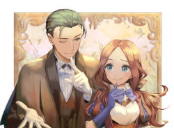 Rule 34 | 1boy, 1girl, ;), alle gro, blue bow, blue eyes, blue gloves, blush, bow, breasts, brown hair, brown jacket, brown vest, closed mouth, collared shirt, commentary request, elbow gloves, fate/grand order, fate (series), finger to mouth, forehead, gloves, green eyes, green hair, jacket, leonardo da vinci (fate), leonardo da vinci (fate/grand order), leonardo da vinci (rider) (fate), long hair, one eye closed, open clothes, open jacket, parted bangs, puff and slash sleeves, puffy short sleeves, puffy sleeves, sherlock holmes (fate), shirt, short sleeves, small breasts, smile, upper body, vest, white gloves, white shirt