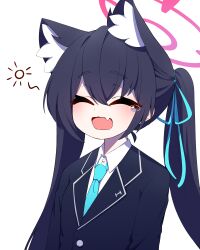Rule 34 | 1girl, absurdres, animal ear fluff, animal ears, black hair, blue archive, cat ears, closed eyes, fang, hair ribbon, halo, highres, jacket, long hair, necktie, o2h2 oh4, open mouth, ribbon, serika (blue archive), simple background, skin fang, solo, tagme, twintails, white background