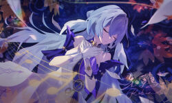 Rule 34 | 1girl, asymmetrical gloves, bare shoulders, blue hair, character name, closed eyes, closed mouth, detached sleeves, dress, facing to the side, gloves, hair between eyes, hands up, head wings, highres, honkai: star rail, honkai (series), musical note, own hands together, purple dress, revision, robin (honkai: star rail), seele 05, short sleeves, solo, two-tone dress, uneven gloves, white dress, white gloves, white wings, wings