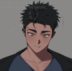Rule 34 | 1boy, artist name, black hair, dark skin, ear piercing, earrings, jacket, jewelry, looking at viewer, male focus, mongz, mouth piercing, original, pectoral cleavage, pectorals, piercing, shirt, speech bubble, t-shirt, text focus, thick eyebrows, yellow eyes