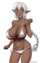 Rule 34 | 1girl, artist name, bare shoulders, bikini, blush, braid, braided ponytail, breasts, clenched hands, commentary, covered erect nipples, cowboy shot, dark-skinned female, dark skin, elf, english commentary, frown, gluteal fold, hair between eyes, hand up, huge breasts, long hair, looking at viewer, navel, original, pointy ears, purple eyes, side-tie bikini bottom, silver hair, simple background, single braid, solo, swimsuit, twitter username, twrlare, very long hair, white background, white bikini