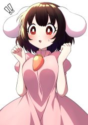 Rule 34 | !, 1girl, animal ears, bare arms, black hair, blush, breasts, carrot necklace, commentary request, dress, highres, inaba tewi, jewelry, jumping, medium breasts, necklace, open mouth, pink dress, puffy short sleeves, puffy sleeves, rabbit ears, red eyes, short hair, short sleeves, simple background, solo, sweatdrop, touhou, tsukimirin, white background