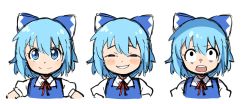 Rule 34 | 1girl, anya&#039;s heh face (meme), black eyes, blue bow, blue dress, blue eyes, blue hair, blush, blush stickers, bow, bowtie, cirno, closed mouth, collared shirt, commentary request, dress, hair between eyes, hands on own hips, highres, looking to the side, looking up, meme, miz (mizillustration), one-hour drawing challenge, parororo, puffy short sleeves, puffy sleeves, red bow, red bowtie, shirt, short hair, short sleeves, simple background, smile, smug, solo, spy x family, surprised, teeth, touhou, upper body, v-shaped eyebrows, white background