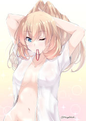 Rule 34 | 1girl, adjusting hair, blonde hair, blue eyes, blush, breasts, collarbone, gradient background, groin, hair between eyes, highres, kantai collection, large breasts, long hair, mikage takashi, mouth hold, navel, one eye closed, open clothes, open shirt, shirt, short sleeves, solo, twitter username, upper body, victorious (kancolle), white shirt
