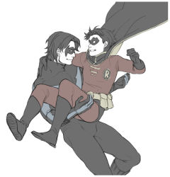 Rule 34 | 2boys, batman (series), belt, black hair, bodysuit, brothers, cape, dc comics, dick grayson, domino mask, family, flat color, gloves, male focus, mask, multiple boys, nightwing, robin (dc), siblings, simple background, tim drake