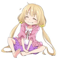 Rule 34 | 1girl, barefoot, blonde hair, blush, bow, collarbone, futaba anzu, grin, hair bobbles, hair bow, hair ornament, idolmaster, idolmaster cinderella girls, idolmaster cinderella girls starlight stage, ixy, jacket, long hair, long sleeves, looking at viewer, low twintails, neck ribbon, open clothes, open jacket, open mouth, pink jacket, purple shorts, red ribbon, ribbon, shirt, shorts, simple background, sitting, smile, soles, solo, toes, twintails, very long hair, white background, white shirt