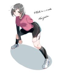 Rule 34 | 1girl, alternate costume, arm warmers, black eyes, black hair, black shorts, commentary request, full body, hair ornament, hairclip, highres, kantai collection, kuroshio (kancolle), leggings, looking at viewer, pink shirt, shading, shirt, shoes, short hair, shorts, signature, simple background, smile, sneakers, solo, stretching, sui (sui27shika), white background, white footwear