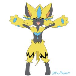 Rule 34 | 1boy, :3, animal ears, animal hands, arms up, artist name, cat ears, closed eyes, creatures (company), fangs, full body, furry, furry male, game freak, gen 5 pokemon, gen 7 pokemon, happy, highres, jpeg artifacts, legendary pokemon, male focus, mezmaroon, mythical pokemon, nintendo, open mouth, outstretched arms, pawpads, pigeon-toed, pokemon, pokemon (creature), simple background, smile, solo, spread arms, standing, tail, twitter username, whiskers, white background, zeraora