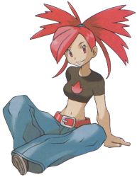 Rule 34 | 00s, 1girl, arm support, belt, black shirt, breasts, creatures (company), crop top, flannery (pokemon), game freak, gym leader, looking at viewer, matching hair/eyes, medium breasts, midriff, navel, nintendo, official art, pants, pokemon, pokemon rse, red belt, red eyes, red hair, shirt, short sleeves, small breasts, smile, solo, sugimori ken, transparent background