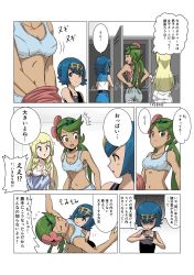 Rule 34 | 3girls, blonde hair, blue eyes, blue hair, blue panties, blush, bouncing breasts, breast envy, breasts, cleavage, comic, commentary request, creatures (company), dark-skinned female, dark skin, game freak, grabbing, grabbing another&#039;s breast, green eyes, green hair, groping, hair down, hands on own chest, highres, lana (pokemon), lillie (pokemon), locker, locker room, mallow (pokemon), medium breasts, multiple girls, navel, nintendo, one-piece swimsuit, oppai loli, panties, pokemon, pokemon (anime), pokemon sm, pokemon sm (anime), small breasts, solitaire jand, speech bubble, sports bra, swimsuit, text focus, translation request, underwear, undressing, yuri