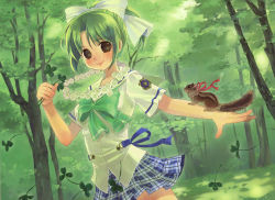 Rule 34 | 1girl, blue ribbon, blue skirt, bow, bowtie, brown eyes, closed mouth, clover, commentary request, forest, green bow, green bowtie, green hair, green shirt, green theme, hair bow, hand up, holding, jewelry, kuga tsukasa, looking at viewer, nature, necklace, pleated skirt, ponytail, red ribbon, ribbon, shirt, short hair, short sleeves, skirt, smile, solo, squirrel, standing, yoake mae yori ruri iro na