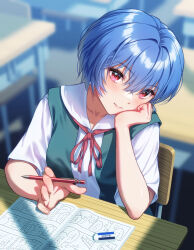 1girl absurdres arm_rest ayanami_rei blue_hair blue_skirt blush chair classroom closed_mouth collarbone collared_shirt commentary desk drawing_(action) dress_shirt elbow_rest eraser eyelashes from_side head_rest head_tilt highres holding holding_pencil light_smile looking_at_viewer looking_to_the_side loose_hair_strand manga_(object) mechanical_pencil neon_genesis_evangelion notebook on_chair pencil red_eyes school_chair school_desk shirt short_hair sitting skirt smile solo suspender_skirt suspenders upper_body white_shirt yahha