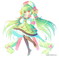 Rule 34 | 1girl, ahoge, angelic link, bare shoulders, brown eyes, brown thighhighs, character request, closed mouth, commentary request, copyright notice, detached sleeves, dress, flower, full body, green dress, green footwear, green hair, hair flaps, hair flower, hair ornament, hair ribbon, hairclip, hands up, ikari (aor3507), long hair, long sleeves, looking at viewer, low twintails, official art, over-kneehighs, own hands together, puffy long sleeves, puffy sleeves, red flower, ribbon, shoes, smile, solo, sunlight, thighhighs, twintails, very long hair, watermark, white background, white sleeves, yellow ribbon
