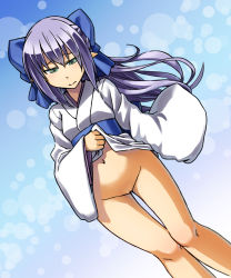 Rule 34 | 1girl, alto-00, clothes lift, green eyes, highres, japanese clothes, kimono, long hair, no panties, pointy ears, purple hair, pussy, skirt, skirt lift, solo, uncensored
