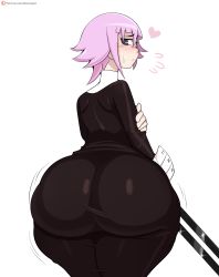 Rule 34 | absurdres, androgynous, ass, back, black dress, blush, crona (soul eater), dress, flying sweatdrops, from behind, gender request, heart, high collar, highres, holding own arm, huge ass, jinu (jinusenpai), looking back, messy hair, nun, pink hair, ragnarok (demon sword), shiny clothes, short hair, shoulder blades, solo, soul eater, sweat, sword, thick thighs, thighs, tight clothes, tight dress, weapon, white background, wide hips, wrist cuffs
