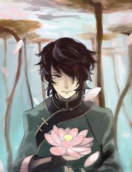 Rule 34 | 1boy, black hair, chinese clothes, flower, lie ren, lotus, male focus, nature, outdoors, pink eyes, plant, reveriesky, rwby, smile, solo, underwater, upper body