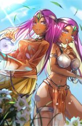 Rule 34 | 2girls, absurdres, armlet, blue sky, blush, bracelet, breasts, chil0107, circlet, cleavage, crystal ball, dancer&#039;s costume (dq), dark-skinned female, dark skin, dragon quest, dragon quest iv, dress, earrings, finger to mouth, flower, grass, highres, holding, huge filesize, jewelry, large breasts, loincloth, long hair, manya (dq4), minea (dq4), multiple girls, open mouth, pelvic curtain, purple eyes, purple hair, siblings, sisters, sky, smile