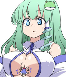 Rule 34 | 2girls, :&lt;, between breasts, blue dress, blue eyes, breast smother, breasts, cirno, cleavage, dress, face to breasts, frog hair ornament, giant, giantess, green hair, hair ornament, hair tubes, head between breasts, kochiya sanae, large breasts, long hair, mini person, minigirl, multiple girls, open clothes, open shirt, person between breasts, shirt, snake, tori (minamopa), touhou, view between breasts, wings