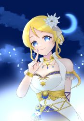 Rule 34 | 1girl, alternate hairstyle, arm behind back, arm ribbon, artist name, artist request, ayase eli, bare shoulders, blonde hair, blue eyes, blue ribbon, blue sky, blush, bow, bracelet, breasts, cleavage, cloud, collarbone, crescent, crescent earrings, crescent moon, crescent moon symbol, dress, earrings, female focus, flower, hair between eyes, hair bun, hair flower, hair ornament, hair ribbon, highres, jewelry, long hair, looking at viewer, love live!, love live! school idol festival, love live! school idol festival all stars, love live! school idol project, low ponytail, miniskirt, moon, nail, nail polish, night, night sky, outdoors, parted lips, plaid, plaid dress, plaid skirt, pleated, pleated dress, pleated skirt, ponytail, purple nail polish, purple nails, ribbon, short hair, side bun, single hair bun, skirt, sky, small breasts, smile, solo, star (symbol), star earrings, venus on a moonlit night (love live!), white bow, white dress, white flower, white skirt