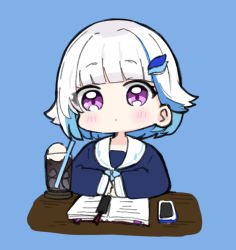 Rule 34 | 1girl, blue background, blue hair, blue shirt, blunt bangs, blush, book, bookmark, cellphone, chibi, closed mouth, cup, drinking glass, drinking straw, hair ornament, ice, ice cube, lize helesta, long sleeves, looking at viewer, multicolored hair, nijisanji, nozo (hitomiz), open book, phone, purple eyes, sailor collar, school uniform, serafuku, shirt, short hair, simple background, sleeves past wrists, solo, two-tone hair, upper body, virtual youtuber, white hair, white sailor collar