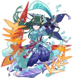 Rule 34 | 1boy, aqua kimono, armor, arms up, artist request, barefoot, blue legwear, blue pants, closed mouth, eyeshadow, feet, fighting stance, full body, green eyeshadow, green hair, hakama, hakama pants, highres, holding, holding sword, holding weapon, horns, japanese clothes, katana, kimono, legs apart, long hair, long sleeves, looking at viewer, makeup, male focus, murakumo (world flipper), non-web source, obi, official art, oni, open clothes, open kimono, origami, outstretched arms, pants, paper crane, purple eyes, ribbon-trimmed sleeves, ribbon trim, sash, shoulder armor, sidelocks, skin-covered horns, smoke, solo, standing, sword, tassel, transparent, transparent background, two-handed, v-shaped eyebrows, weapon, wide sleeves, world flipper