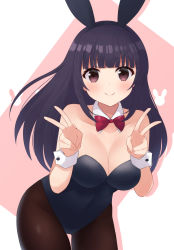 Rule 34 | 1girl, animal ears, black hair, black leotard, black pantyhose, blunt bangs, bow, bowtie, breasts, brown eyes, cleavage, commentary request, cowboy shot, detached collar, fake animal ears, furutori, hairband, highres, leaning forward, leotard, long hair, medium breasts, original, pantyhose, playboy bunny, rabbit ears, rabbit tail, red bow, red bowtie, smile, solo, strapless, strapless leotard, tail, wrist cuffs