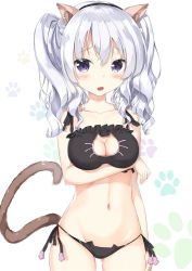 Rule 34 | 10s, 1girl, animal ears, bad id, bad pixiv id, black bra, black panties, bra, breasts, cat cutout, cat ears, cat lingerie, cat tail, cleavage, cleavage cutout, clothing cutout, collarbone, kantai collection, kashima (kancolle), long hair, looking at viewer, medium breasts, meme attire, navel, open mouth, panties, purple eyes, rong yi tan, side-tie panties, silver hair, solo, tail, twintails, underwear
