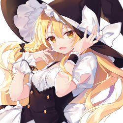 Rule 34 | 1girl, :d, adjusting clothes, adjusting headwear, apron, asymmetrical clothes, black bow, black hat, black ribbon, black skirt, black vest, blonde hair, blush, bow, braid, buttons, center frills, clothing cutout, floating hair, frilled apron, frilled cuffs, frilled hat, frills, hair between eyes, hair bow, hand on headwear, hands up, hat, hat bow, highres, kirisame marisa, kisaragi yuri, lace trim, long hair, looking at viewer, open mouth, puffy short sleeves, puffy sleeves, ribbon, sash, scoop neck, shirt, short sleeves, shoulder cutout, side braid, sidelocks, single braid, skirt, smile, solo, touhou, very long hair, vest, waist apron, white apron, white bow, white sash, white shirt, witch hat, wrist cuffs, wrist ribbon, yellow eyes