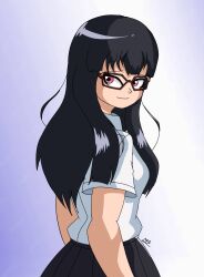 Rule 34 | 1girl, black eyes, black hair, digimon, female focus, glasses, highres, looking at viewer, mochizuki meiko, skirt, solo