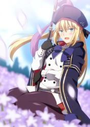 Rule 34 | 1girl, artoria caster (fate), artoria caster (second ascension) (fate), artoria pendragon (fate), belt, beret, black pantyhose, blonde hair, blue capelet, blue headwear, blue sky, blush, breasts, cape, capelet, dress, fate/grand order, fate (series), field, flower, flower field, gloves, green eyes, hara (harayutaka), hat, highres, holding, holding staff, long hair, long sleeves, looking at viewer, multicolored cape, multicolored capelet, multicolored clothes, o-ring, o-ring belt, open mouth, pantyhose, petals, sitting, sky, small breasts, smile, staff, thighs, twintails, wariza, white dress