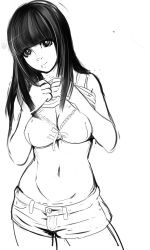 Rule 34 | 1girl, blunt bangs, bra, breasts, breasts squeezed together, cleavage, clothes lift, curvy, greyscale, hime cut, large breasts, long hair, midriff, monochrome, navel, original, shirt lift, sho-n-d, shorts, sketch, smile, solo, underwear