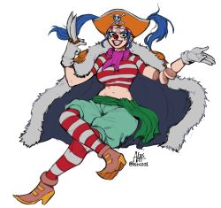 Rule 34 | 1girl, absurdres, bad id, bad twitter id, bara bara no mi, between fingers, blue eyes, blue hair, breasts, buggy the clown, clown girl, clown nose, detached arm, female focus, genderswap, genderswap (mtf), gloves, hat, highres, holding, knife, large breasts, lipstick, long hair, looking at viewer, makeup, midriff, navel, one piece, orange hat, pantyhose, pirate costume, pirate hat, separated arms, serious, shirt, smile, solo, striped clothes, striped pantyhose, striped shirt, tattoo