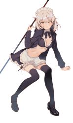 Rule 34 | &gt;:(, 1girl, absurdres, apron, arm support, artoria pendragon (all), artoria pendragon (alter swimsuit rider) (fate), artoria pendragon (fate), arutera, bikini, bikini top only, black bikini, black footwear, black skirt, black thighhighs, blush, breasts, bridal garter, choker, cleavage, closed mouth, fate/grand order, fate (series), frilled apron, frills, frown, full body, hair between eyes, half-closed eye, highres, holding, hood, hooded jacket, hoodie, jacket, leaning forward, light brown hair, looking at viewer, maid, maid bikini, maid headdress, mary janes, midriff, navel, open clothes, open hoodie, open jacket, polearm, ribbon trim, saber alter, shoes, short hair, sidelocks, simple background, sitting, skirt, small breasts, solo, swimsuit, thighhighs, tsurime, unconventional maid, uneven eyes, v-shaped eyebrows, waist apron, weapon, white background, yellow eyes