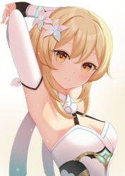 Rule 34 | 1girl, armpits, arms up, blonde hair, blush, breasts, brown background, brown eyes, closed mouth, commentary request, denkaisui, detached sleeves, dress, flower, genshin impact, gradient background, hair between eyes, hair flower, hair ornament, halterneck, long sleeves, looking at viewer, lumine (genshin impact), medium breasts, sleeves past wrists, solo, upper body, white background, white dress, white flower, white sleeves