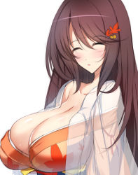 Rule 34 | 1girl, blush, breasts, brown hair, cleavage, closed eyes, highres, huge breasts, japanese clothes, kimono, long hair, minamon (vittel221), parted lips, see-through, simple background, solo, white background