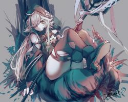 Rule 34 | 1girl, ahoge, arknights, bare shoulders, boots, commentary, crocodilian tail, flower, grey background, grey thighhighs, hair over one eye, highres, holding, holding staff, hood, kaxnight, knees up, long hair, looking at viewer, silver hair, simple background, solo, staff, tail, thighhighs, thighs, tomimi (arknights), torn clothes, torn thighhighs, white flower, yellow eyes