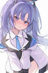Rule 34 | 1girl, absurdres, blue archive, blue eyes, blue hair, blue necktie, blush, breasts, closed mouth, collared shirt, cowboy shot, formal, halo, highres, id card, jacket, katsukare, large breasts, long hair, long sleeves, looking at viewer, mechanical halo, name tag, necktie, purple eyes, purple hair, school uniform, shirt, simple background, solo, suit, two-sided fabric, two-sided jacket, white background, white shirt, yuuka (blue archive)