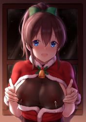 Rule 34 | 1girl, blue eyes, blush, breasts, brown hair, cai geng, capelet, covered erect nipples, fur-trimmed capelet, fur trim, highres, idolmaster, idolmaster million live!, lactation, lactation through clothes, large breasts, ponytail, red capelet, santa costume, satake minako, smile, solo, upper body