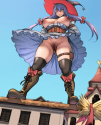 Rule 34 | 1girl, blue hair, blush, boots, breasts, breasts out, broom, broom riding, censored, clothes lift, curvy, earrings, female pubic hair, gluteal fold, hands on own hips, hat, highres, huge breasts, jewelry, large areolae, lips, long hair, long skirt, looking at viewer, nipples, no panties, outdoors, pepe (jonasan), pink eyes, pov, pubic hair, pussy, pussy peek, rooftop, skirt, skirt lift, smile, standing, sweat, thick thighs, thighhighs, thighs, wide hips, witch, witch hat