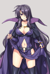 Rule 34 | 00s, 1girl, belt, black hair, black panties, blue eyes, blush, boots, breasts, bridal gauntlets, cape, capelet, choker, cleavage, clothes lift, clothing cutout, collarbone, cowboy shot, dress, dress lift, female focus, grey background, hair ornament, hair over one eye, highres, large breasts, lifted by self, long hair, looking at viewer, lyrical nanoha, mahou shoujo lyrical nanoha, nail polish, navel, navel cutout, panties, presea testarossa, purple dress, purple eyes, raiou, simple background, solo, thigh boots, thighhighs, underwear, very long hair