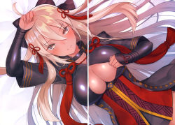 Rule 34 | 1girl, absurdres, ahoge, black bow, blush, bow, breasts, center opening, cleavage, crease, dark-skinned female, dark skin, fate/grand order, fate (series), hair between eyes, hair bow, hair ornament, highres, large breasts, long hair, looking at viewer, lying, okita souji (fate), okita souji alter (fate), on back, red scarf, scan, scan artifacts, scarf, sidelocks, solo, suzuho hotaru, very long hair, white hair, yellow eyes