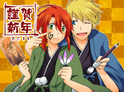 Rule 34 | 00s, 10s, 2011, 2boys, blonde hair, blue eyes, calligraphy brush, checkered background, drawing on another&#039;s face, frown, green eyes, guy cecil, jade curtiss, japanese clothes, kimono, luke fon fabre, male focus, multiple boys, new year, one eye closed, orange background, paintbrush, pom pom (clothes), red hair, smile, tales of (series), tales of the abyss, wink, yutaka (toridori)