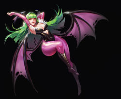 Rule 34 | 1girl, absurdres, arm behind head, armpits, arms up, bare shoulders, bat wings, black background, black footwear, black leotard, blunt bangs, boots, breasts, bridal gauntlets, cleavage, collarbone, covered navel, demon girl, eyelashes, eyeliner, fang, full body, gloves, green eyes, green hair, hair intakes, head wings, highleg, highleg leotard, highres, knee boots, large breasts, leg up, leotard, lipstick, long hair, looking at viewer, low wings, makeup, morrigan aensland, nose, pantyhose, pink gloves, purple pantyhose, qsun, red lips, simple background, smile, solo, spikes, standing, standing on one leg, strapless, strapless leotard, vampire (game), wide hips, wings
