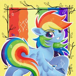 Rule 34 | highres, looking at viewer, my little pony, my little pony: friendship is magic, outline, outside border, pink eyes, pony (animal), puyonifyyyc, rainbow background, rainbow dash, solo, teeth, white outline