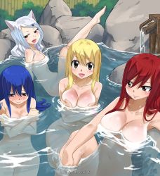 Rule 34 | 4girls, animal ears, blonde hair, blue hair, blush, breasts, brown eyes, charle (fairy tail), cleavage, convenient censoring, cover, covering privates, covering breasts, erza scarlet, fairy tail, fence, floating breasts, gaston18, large breasts, leg up, looking at viewer, lucy heartfilia, multiple girls, navel, nude, onsen, partially submerged, plant, red hair, rock, shiny skin, sitting, small breasts, smile, steam, tattoo, water, wendy marvell, wet, white hair, wide hips