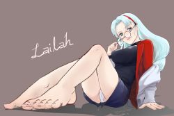 Rule 34 | 10s, 1girl, aqua eyes, barefoot, blue hair, blush, breasts, character name, choker, coat, english text, glasses, grey background, hairband, highres, lailah (tales), long hair, open mouth, panties, simple background, skirt, tales of (series), tales of zestiria, underwear