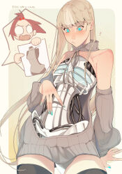 Rule 34 | 2girls, ?, absurdres, android, backwards virgin killer sweater, black thighhighs, blonde hair, blue eyes, blue nails, blush, border, closed mouth, ecomoesty, fangs, gradient background, hair bobbles, hair ornament, highres, long hair, looking down, mechanical parts, mechanical spine, meme attire, multiple girls, open mouth, original, red hair, robot girl, short hair, sitting, thighhighs, very long hair, virgin killer sweater, white border