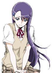 Rule 34 | 1girl, asymmetrical bangs, blue eyes, brown skirt, collared shirt, floating hair, grin, hair ornament, hairclip, heartcatch precure!, long hair, looking at viewer, miniskirt, neck ribbon, own hands together, pleated skirt, precure, purple hair, red ribbon, ribbon, school uniform, shirt, short sleeves, simple background, sitting, sketch, skirt, smile, solo, straight hair, sweater vest, swept bangs, tsukikage oyama, tsukikage yuri, very long hair, white background, white shirt, wing collar